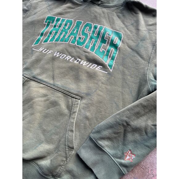 Thrasher X HUF worldwide Bleach dyed pentagram green grunge hoodie L - Picture 4 of 6